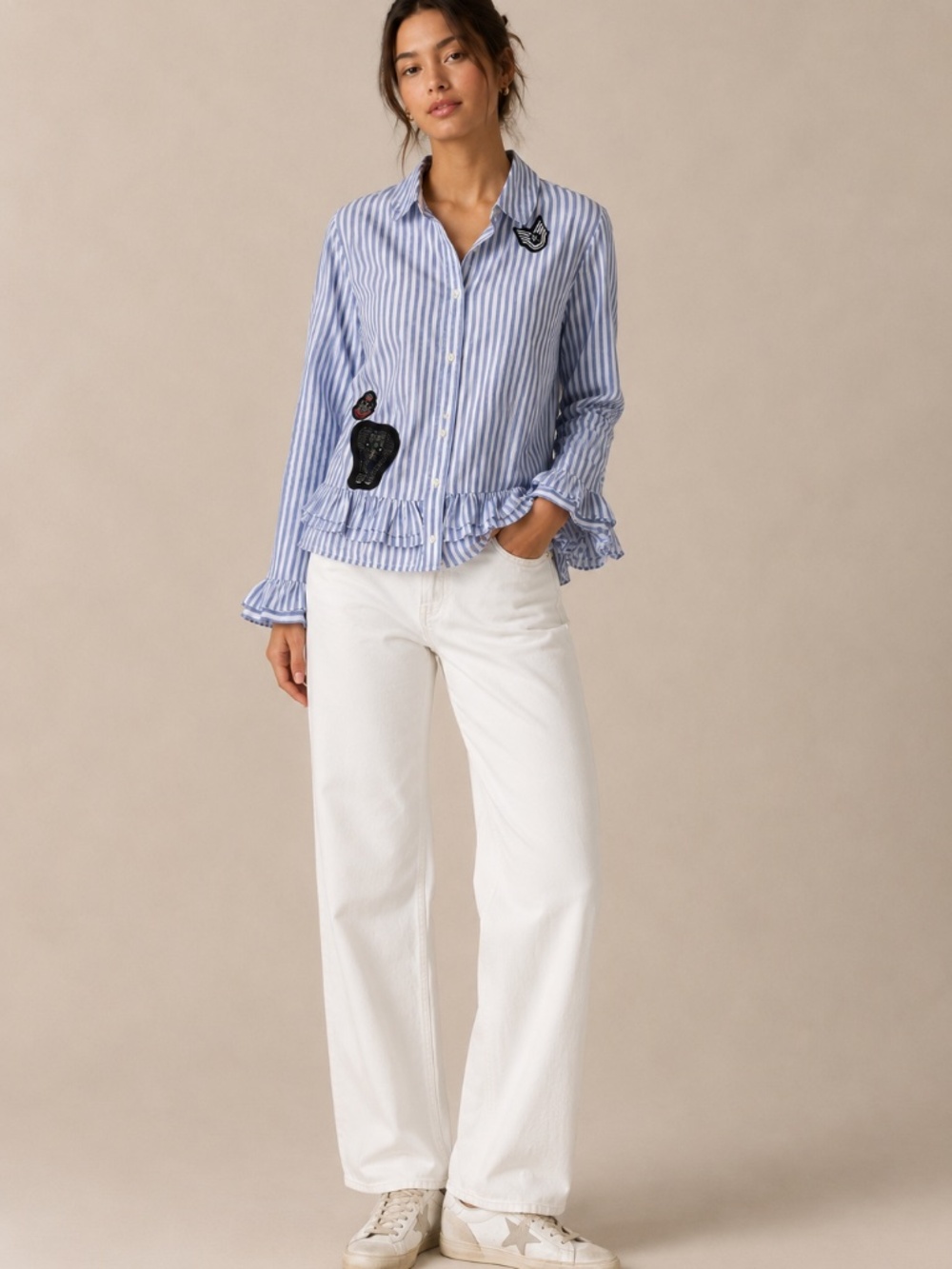 Crown & Ivy Blue White Striped Cotton Ruffle Shirt Elephant Patch Button Front T